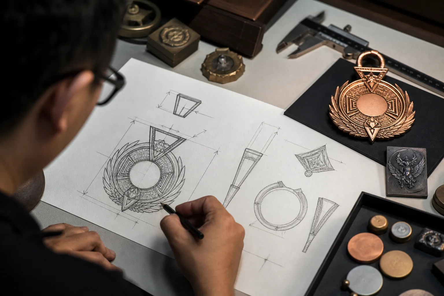 Designer developing a metal medal concept from a detailed rough hand sketch