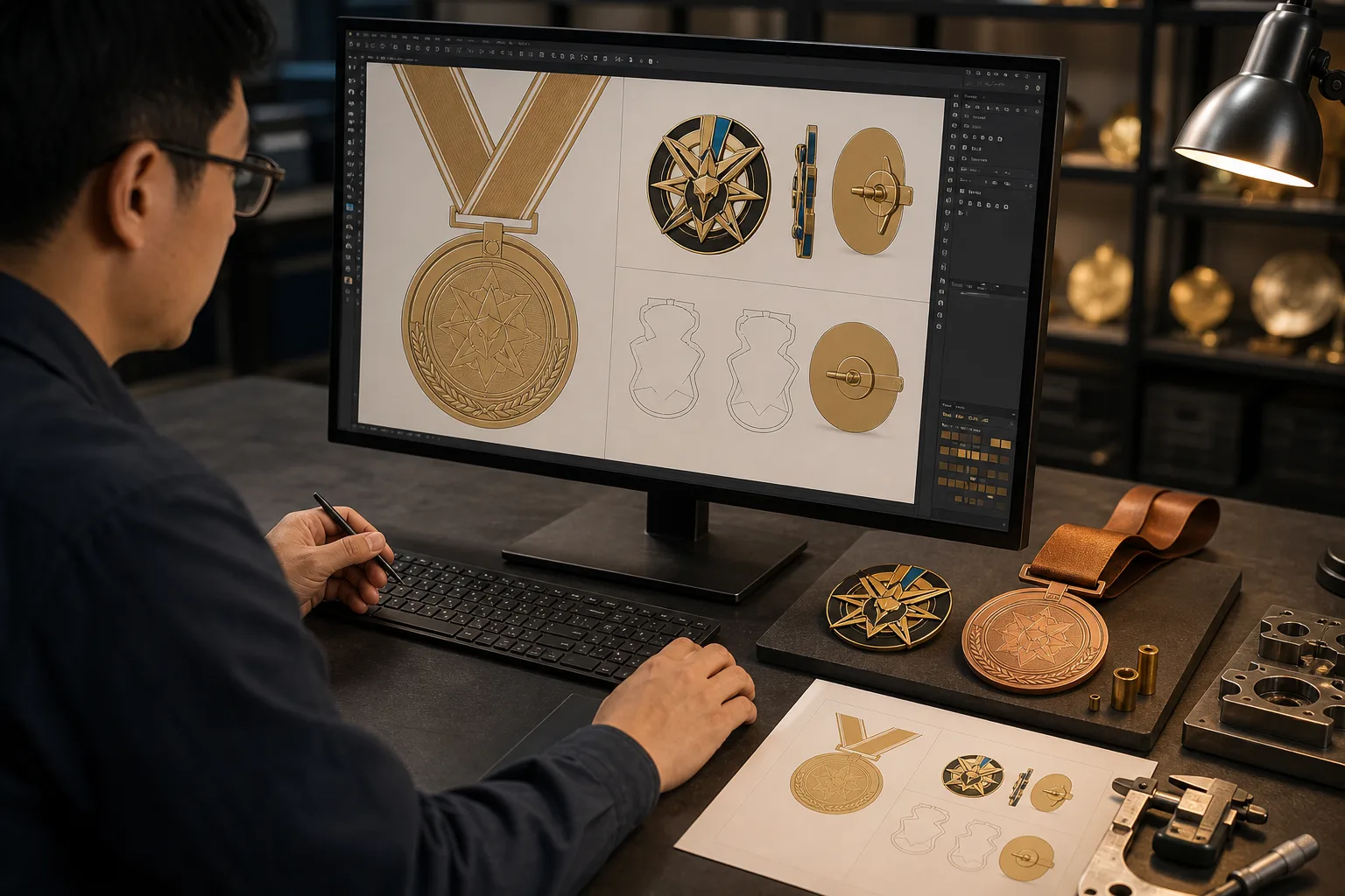 Editable vector artwork displayed beside matching custom medal and enamel pin samples