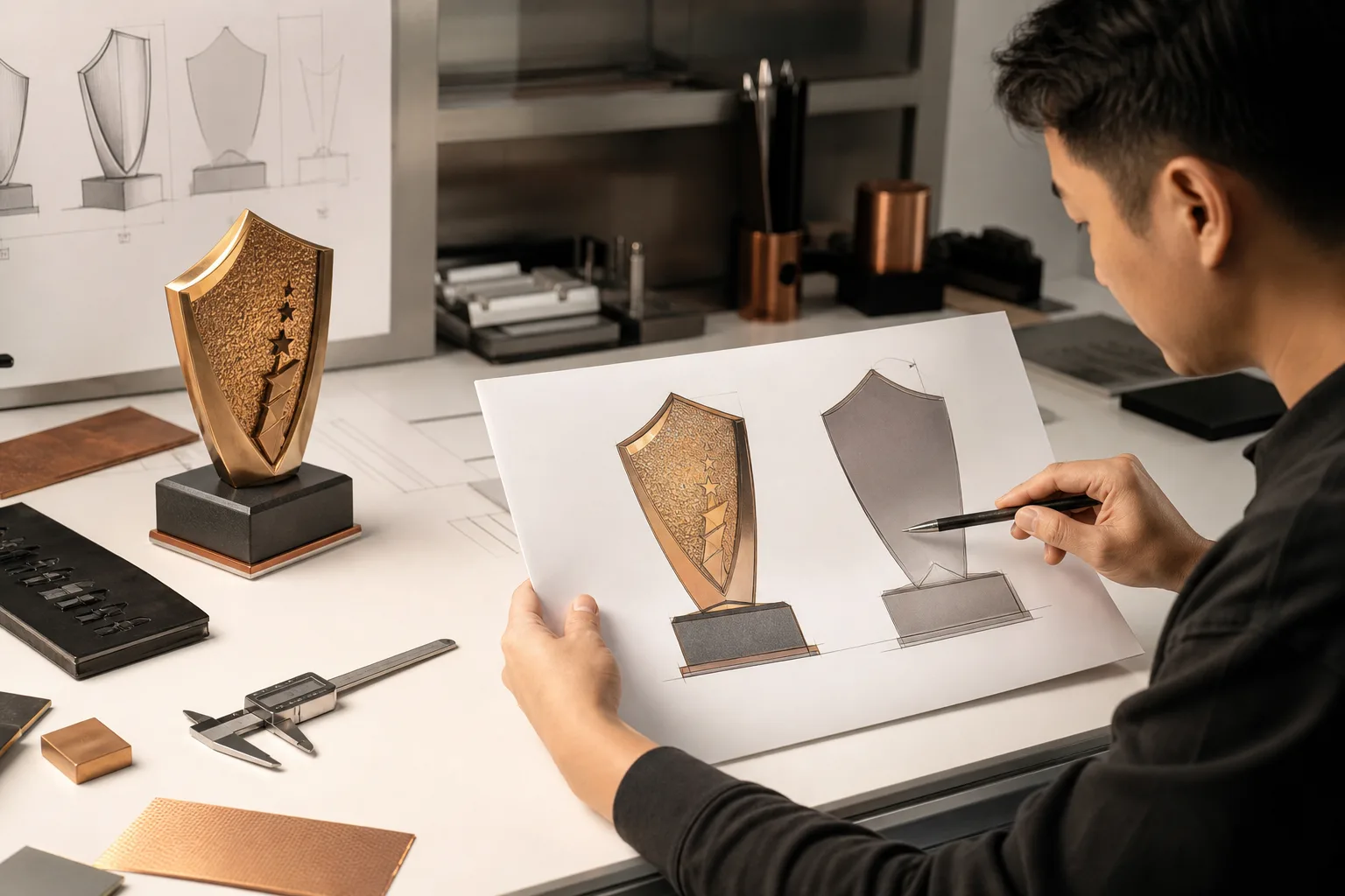 Designer reviewing custom award artwork proof beside a physical metal sample
