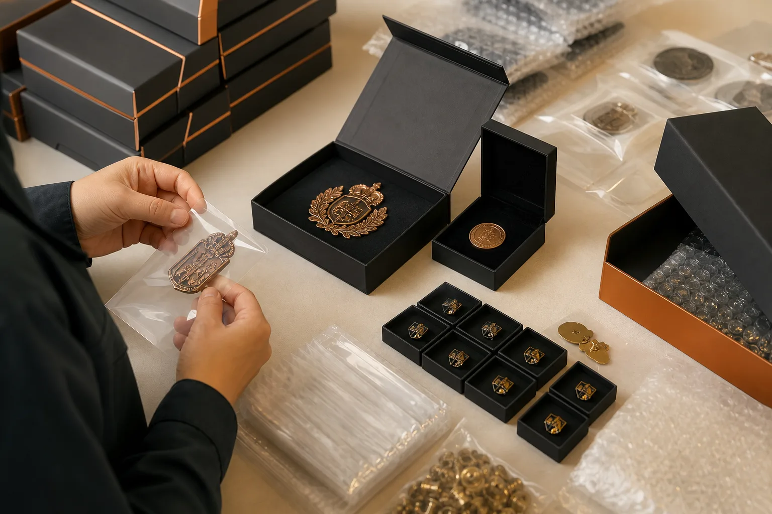 Custom metal awards prepared with protective packing and presentation boxes for distribution