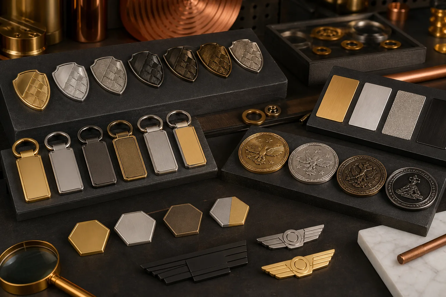 Custom metal samples displaying contrasting plating, antique, sandblasted and matte finishes