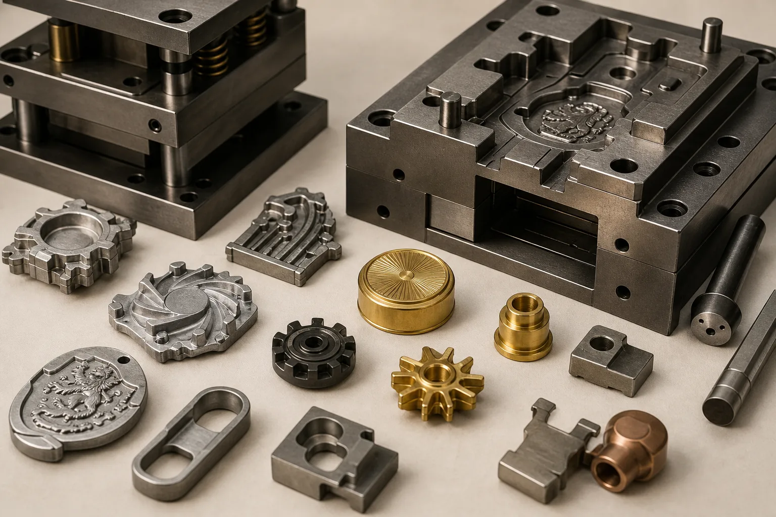 Metal sample pieces and tooling showing varied shapes, reliefs and forming routes