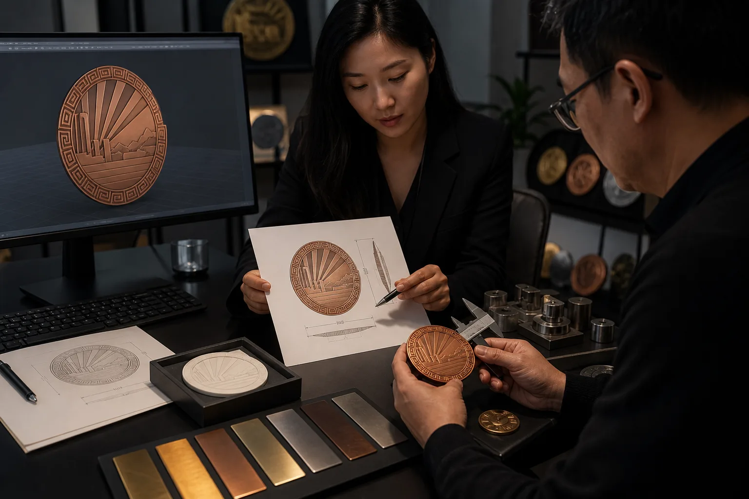 Design team comparing artwork proof, relief model and finished metal sample