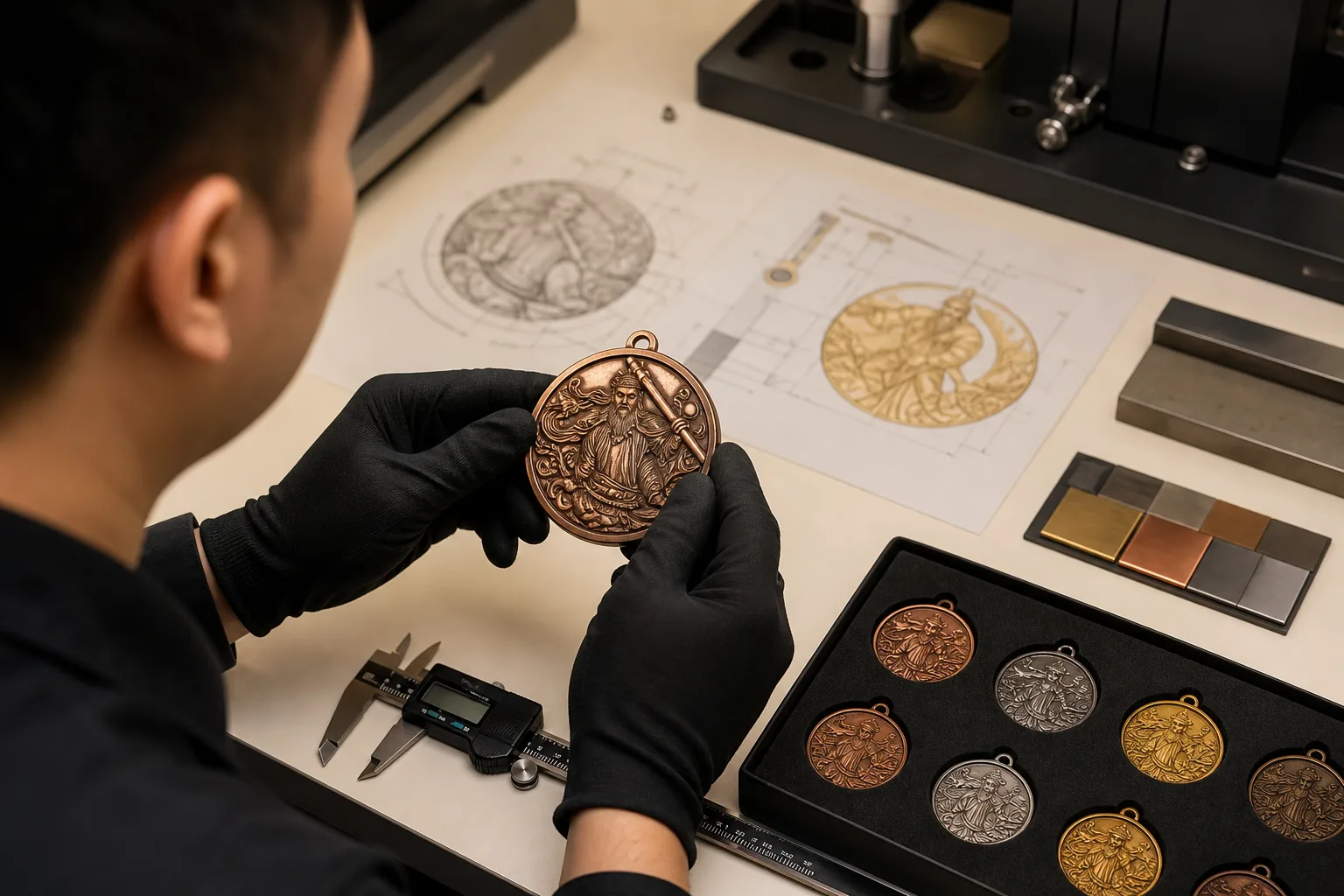 Engineer inspecting relief, enamel areas and attachments on a metal sample