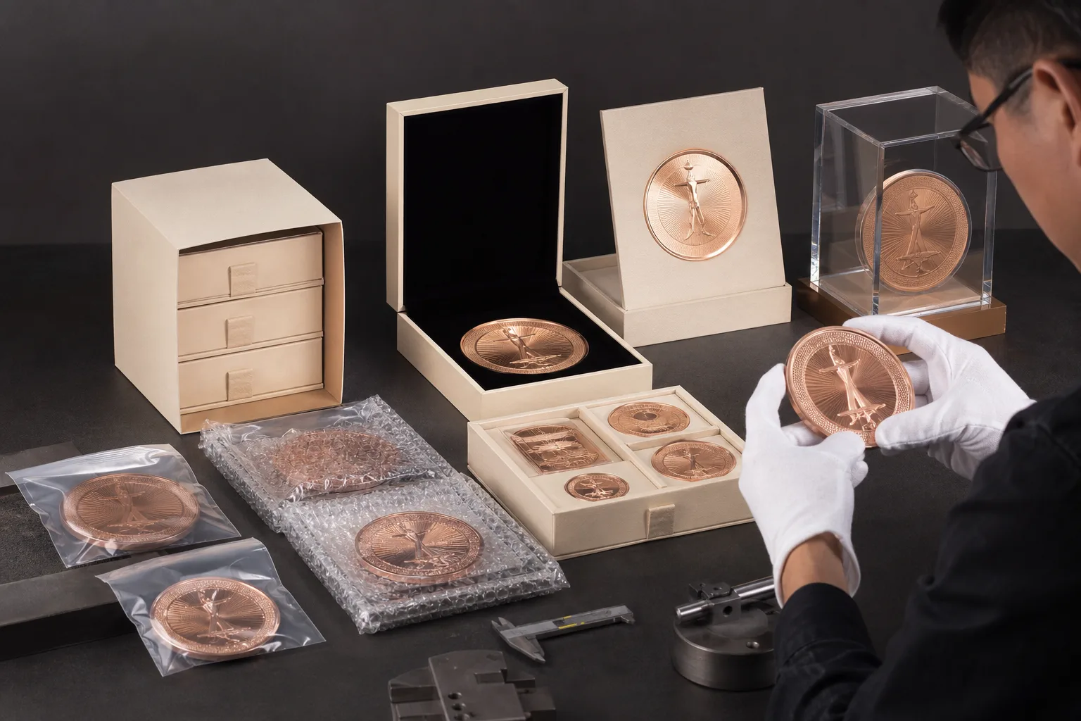 Metal awards arranged with protective bags, velvet boxes and display packaging