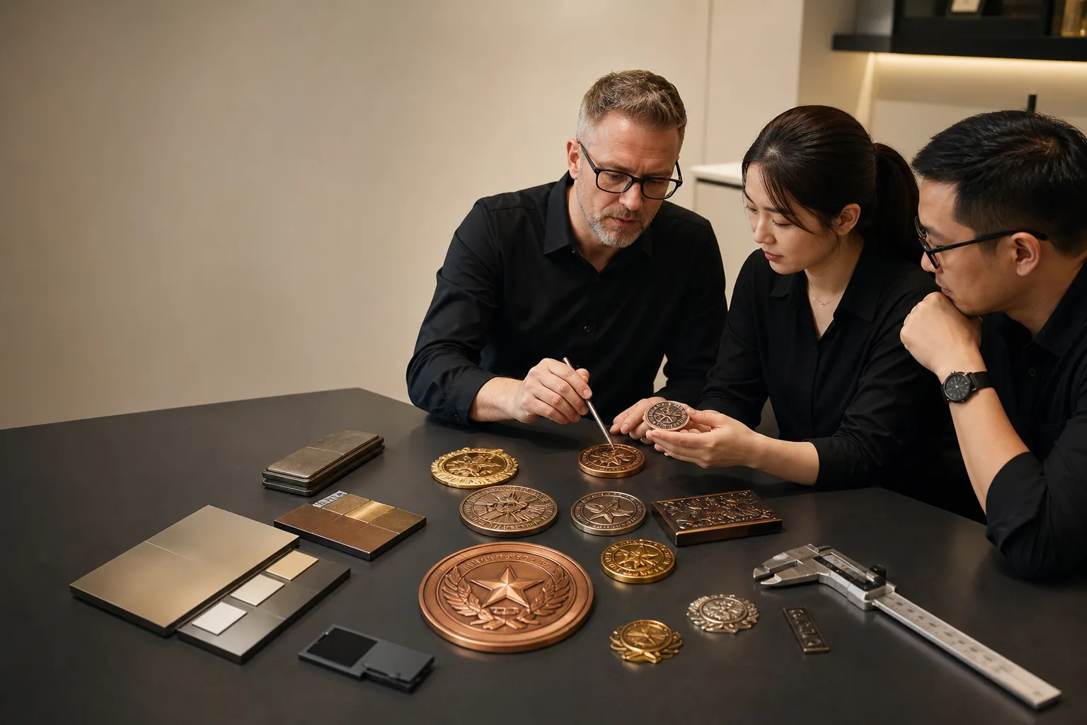 Project team reviewing samples during a custom metal product consultation