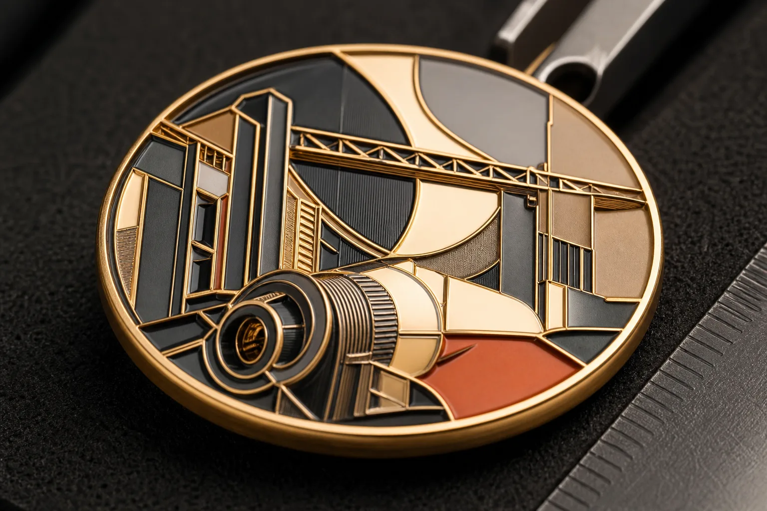 Raised metal borders separate enamel color areas on a detailed custom piece