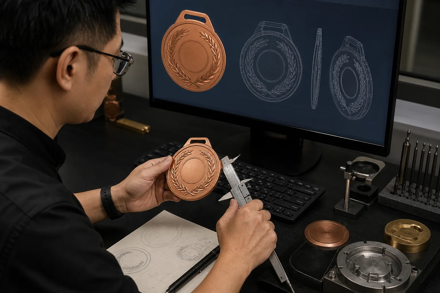 Engineer compares digital geometry with a metal prototype before mold development