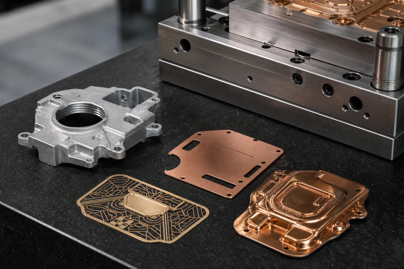 Metal samples demonstrate die-cast, stamped, etched and high-relief forming geometries