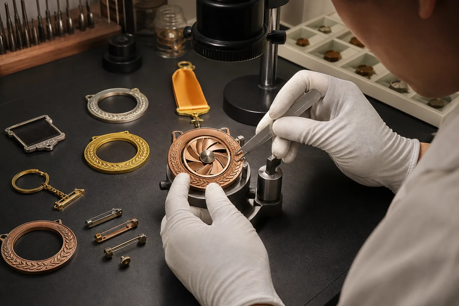 Technician checks attachment alignment and moving clearance in a multi-part medal