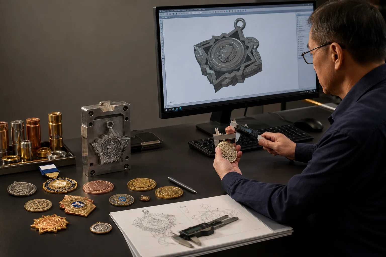 Engineer conducting a custom metal product engineering review beside samples and precision tooling