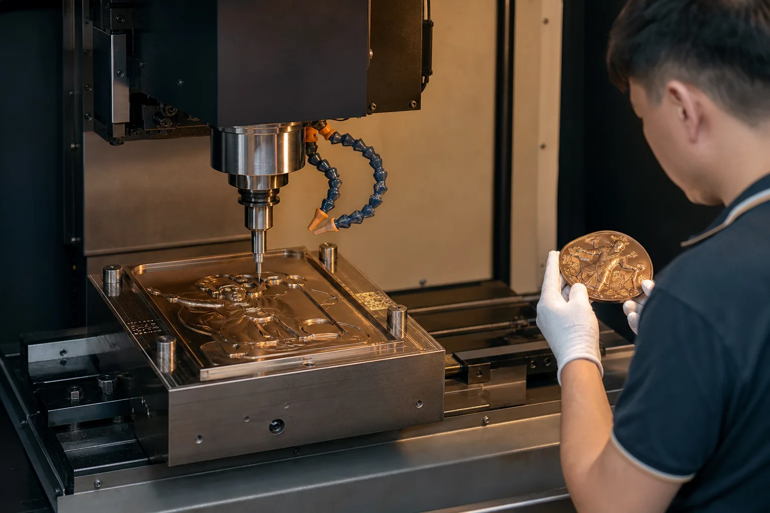 CNC engraving machine creating precise tooling for custom metal product geometry and relief detail