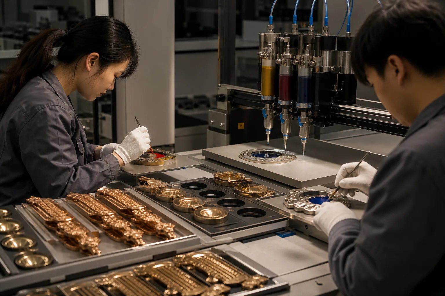 Enamel coloring and epoxy workshop applying controlled decoration to custom metal award components