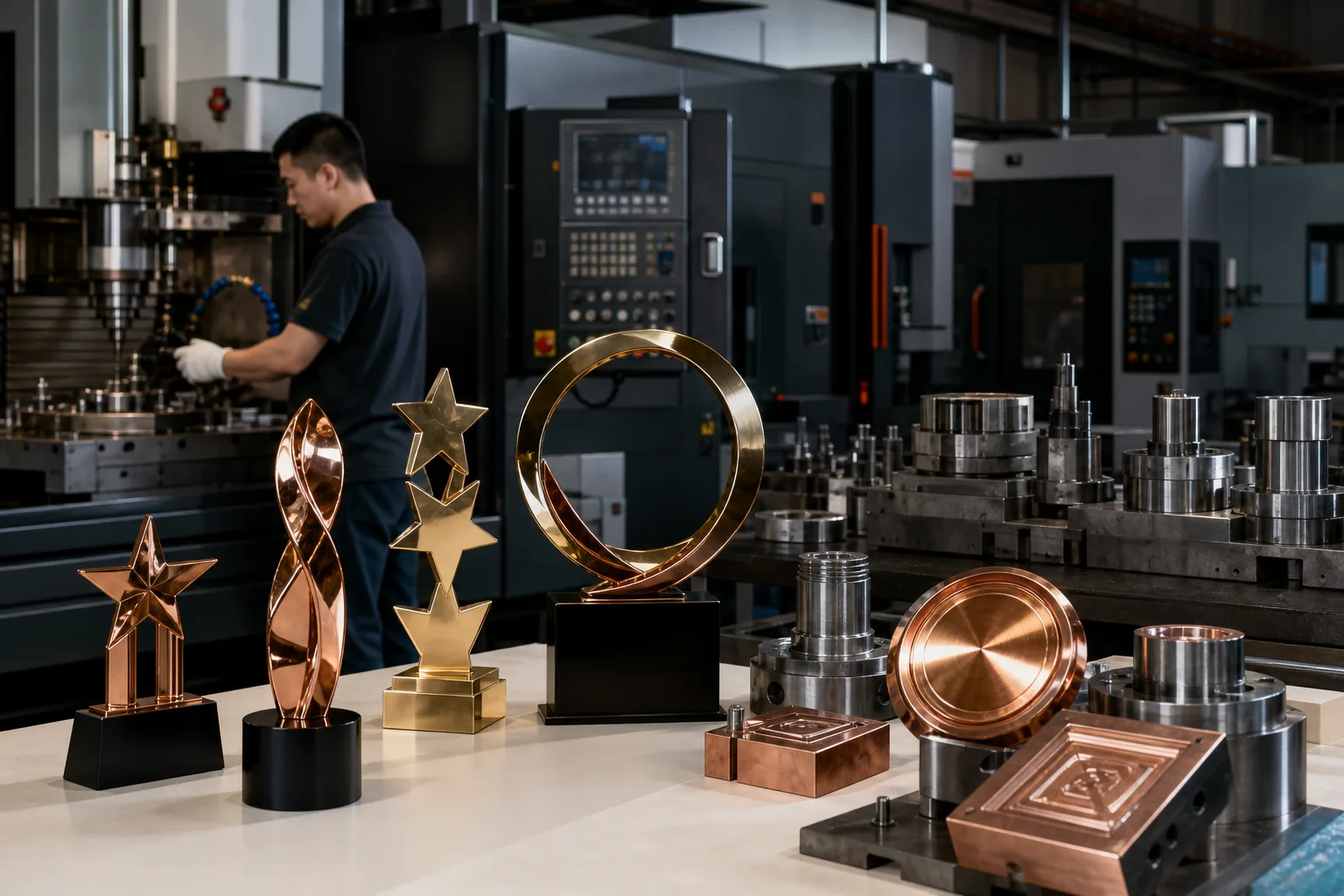Custom metal product manufacturing capabilities shown through awards and organized factory production areas