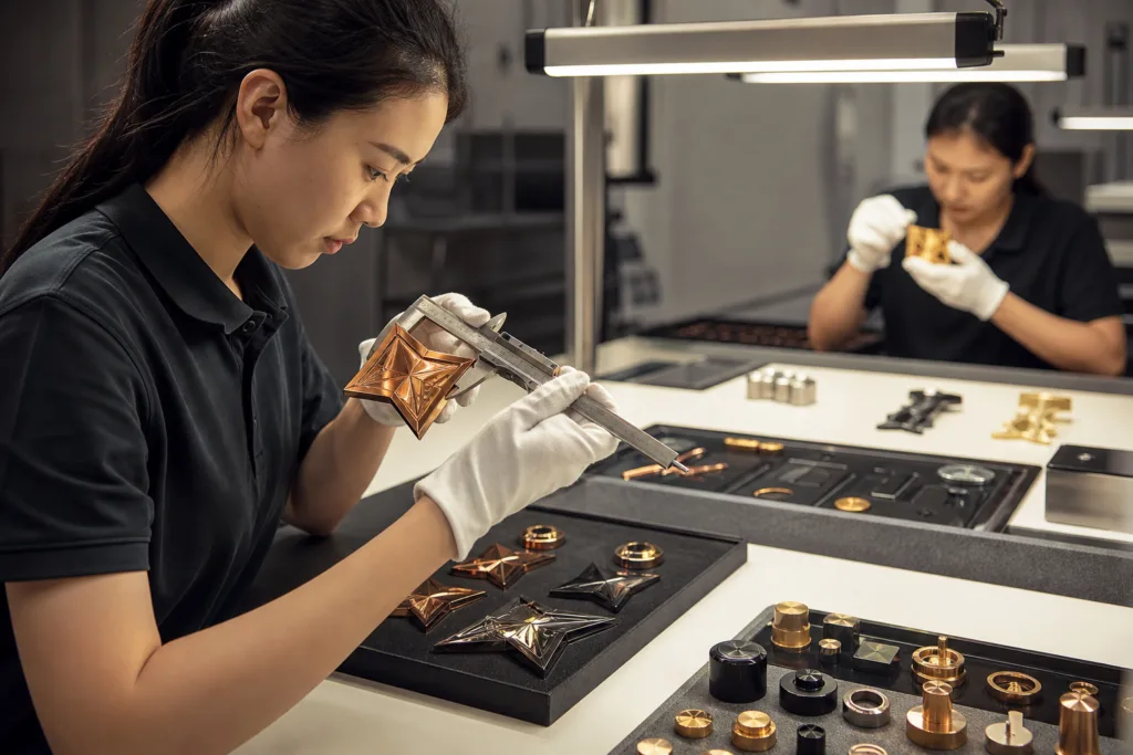 Quality inspectors checking dimensions, surfaces, colors and attachments on finished custom metal products
