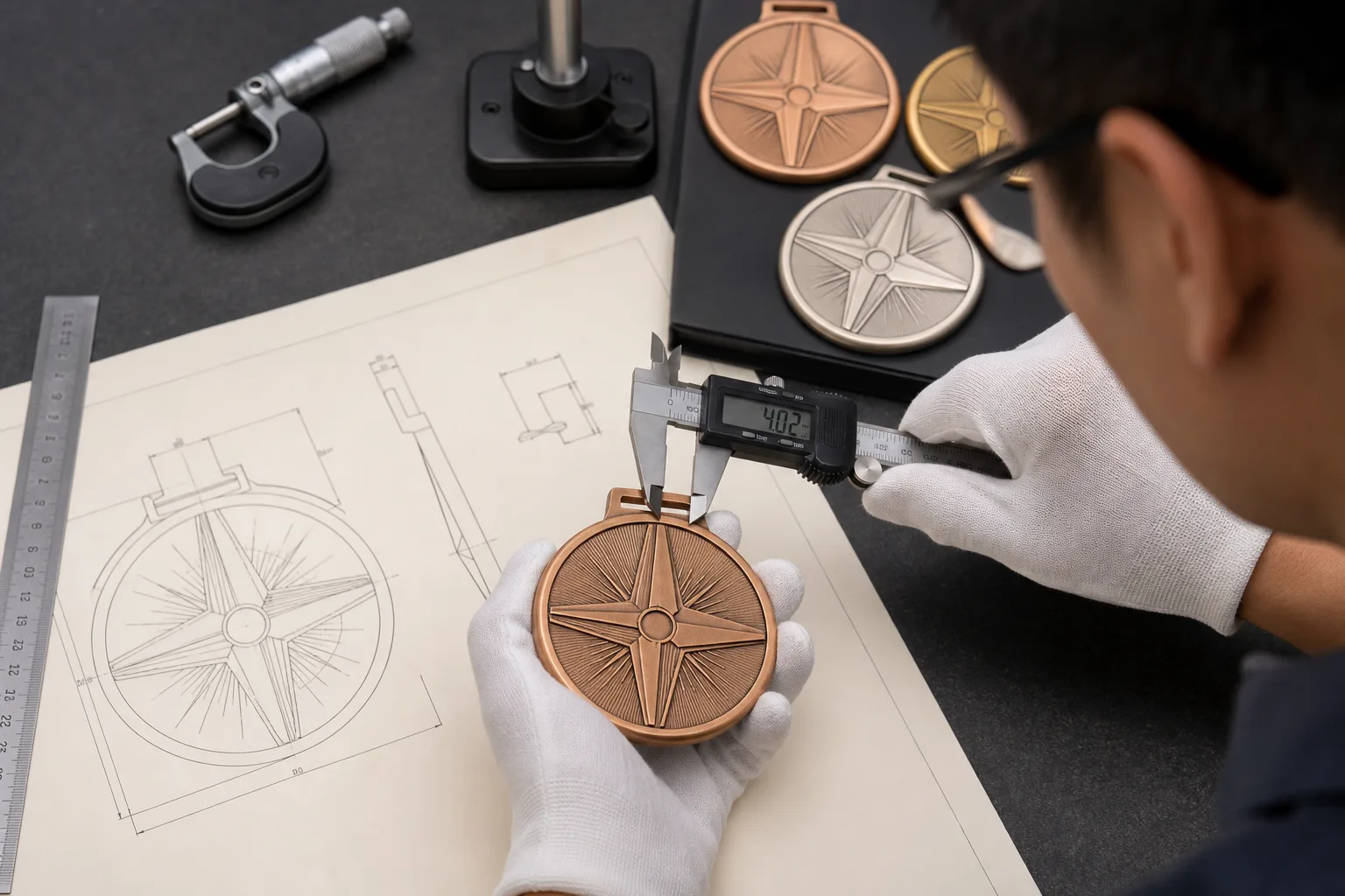 Technician compares a first-article medal with its approved dimensional drawing
