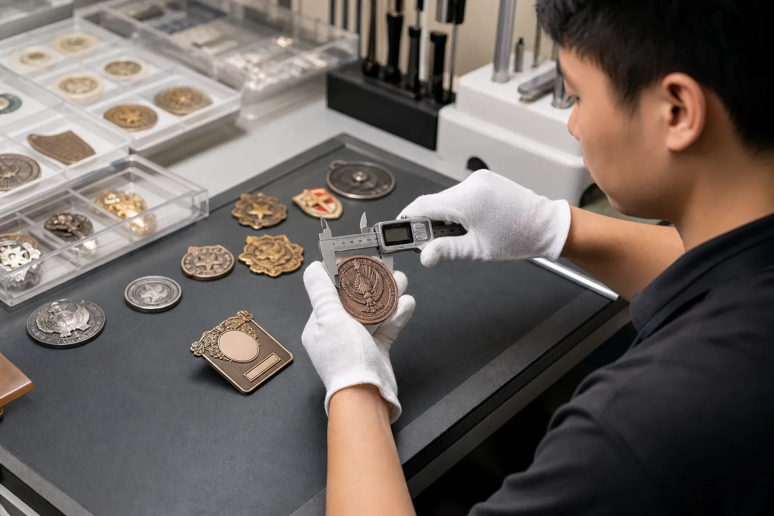 Inspector performing custom metal product quality control on medals, coins, and pins