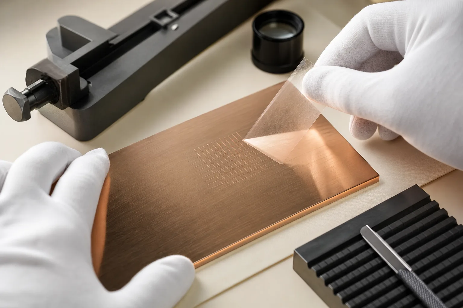 Technician performs cross-hatch tape testing on a plated metal sample