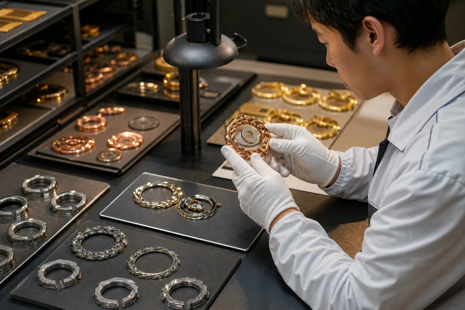 Inspector checks formed, polished, plated, and colored metal parts during production