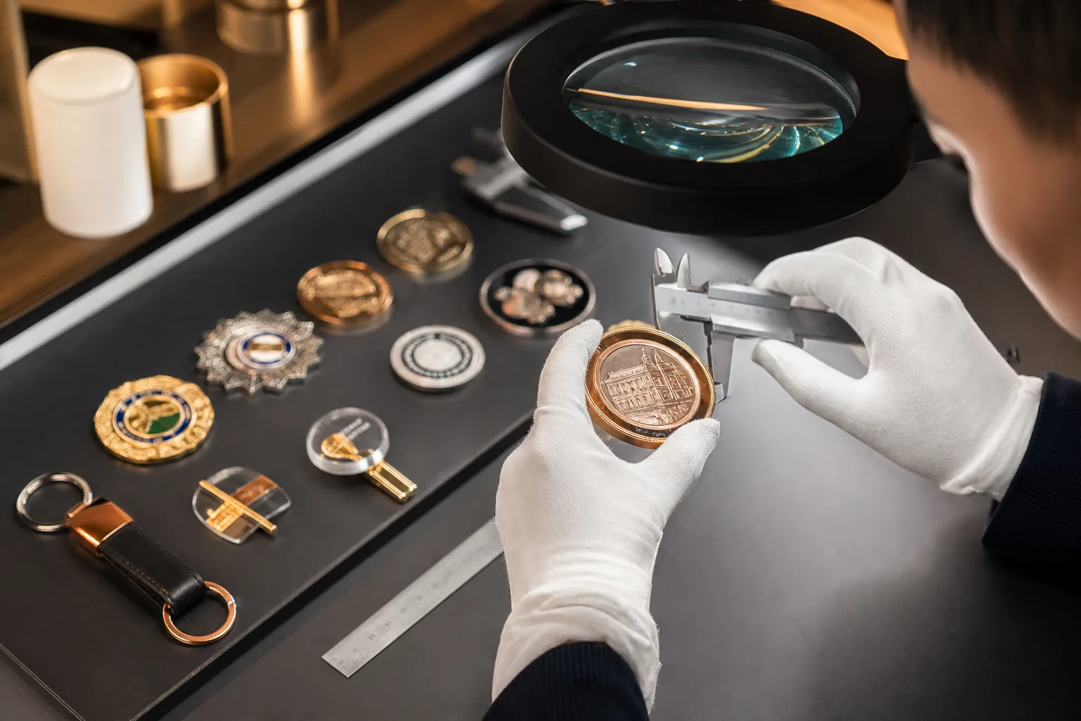 Technician inspecting plated surfaces and components on finished custom metal products