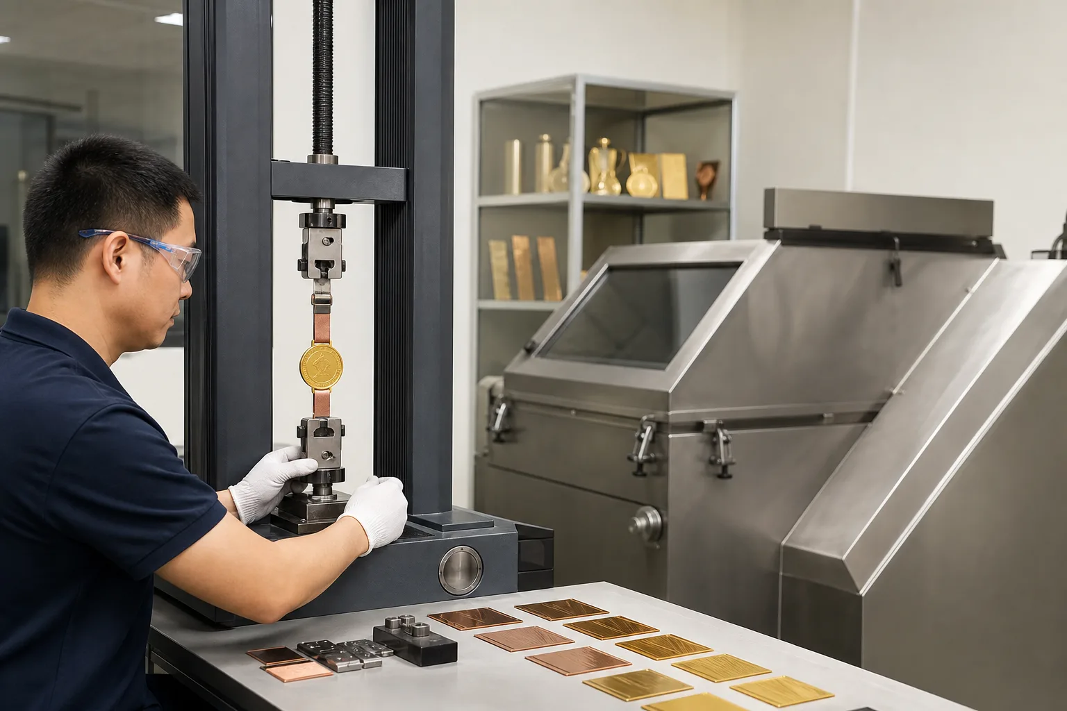 Technician performing physical quality tests on custom metal product components