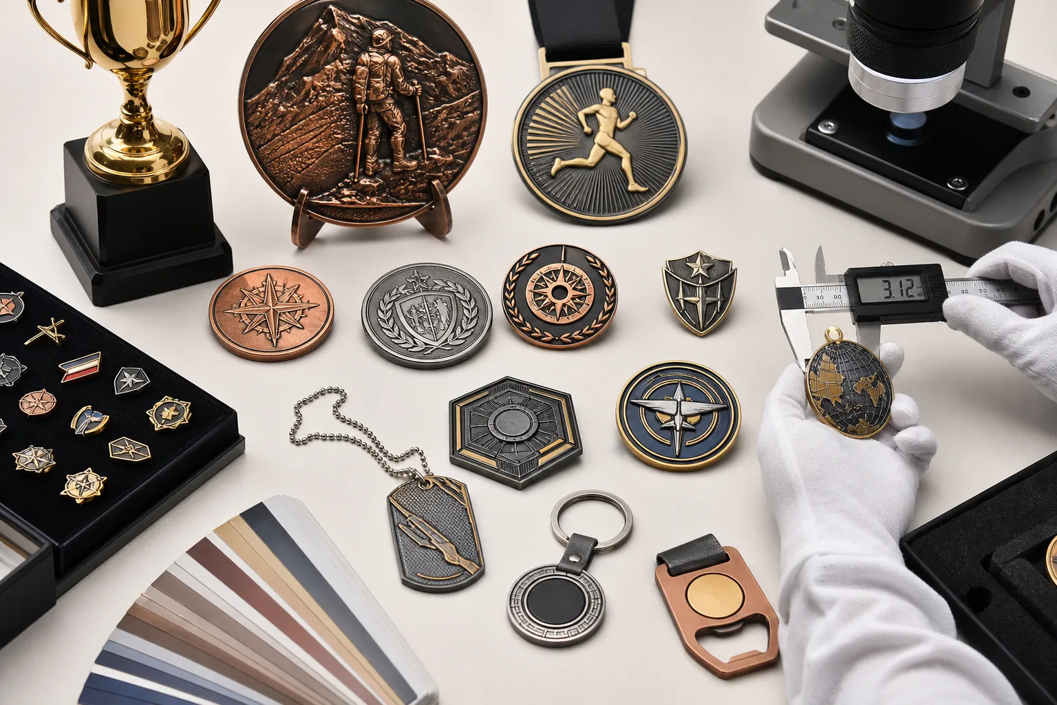 Assorted custom medals, coins, pins, trophies, plaques, keychains and bottle openers