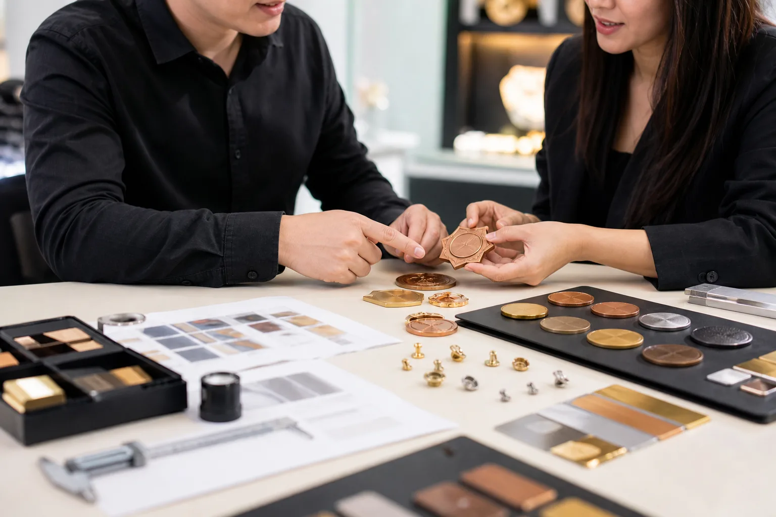 Product engineer reviewing metal samples, finishes, artwork and packaging requirements
