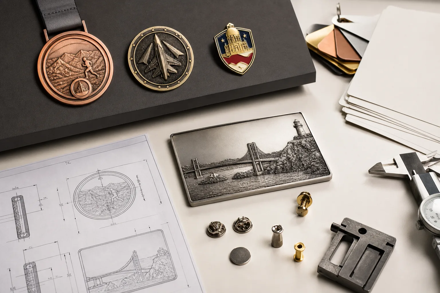 Project-specific metal prototypes displayed beside dimensional drawings and finish reference swatches