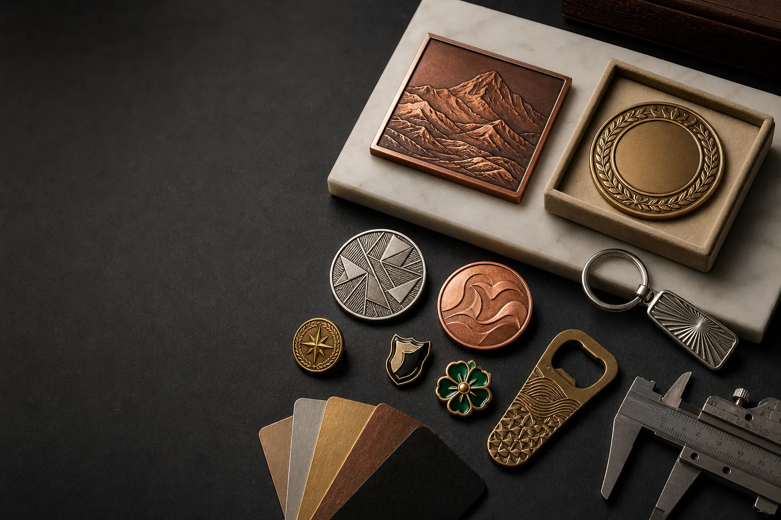 Custom metal product samples arranged for pre-production review on an engineering workbench