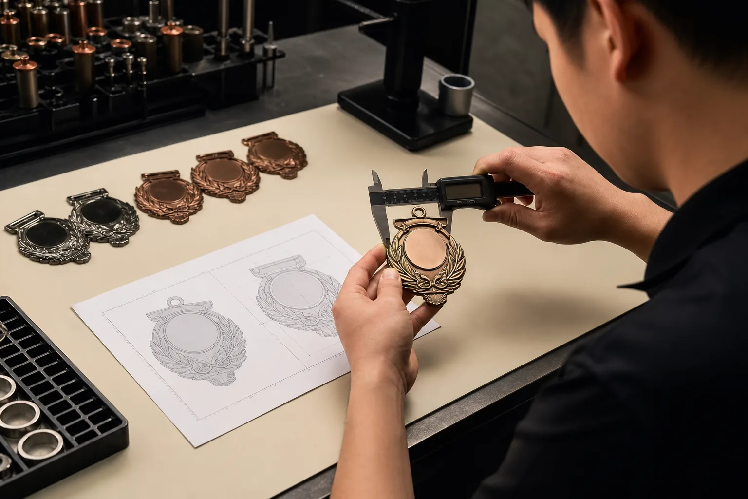 Quality inspector measuring a custom metal sample against an agreed dimensional drawing