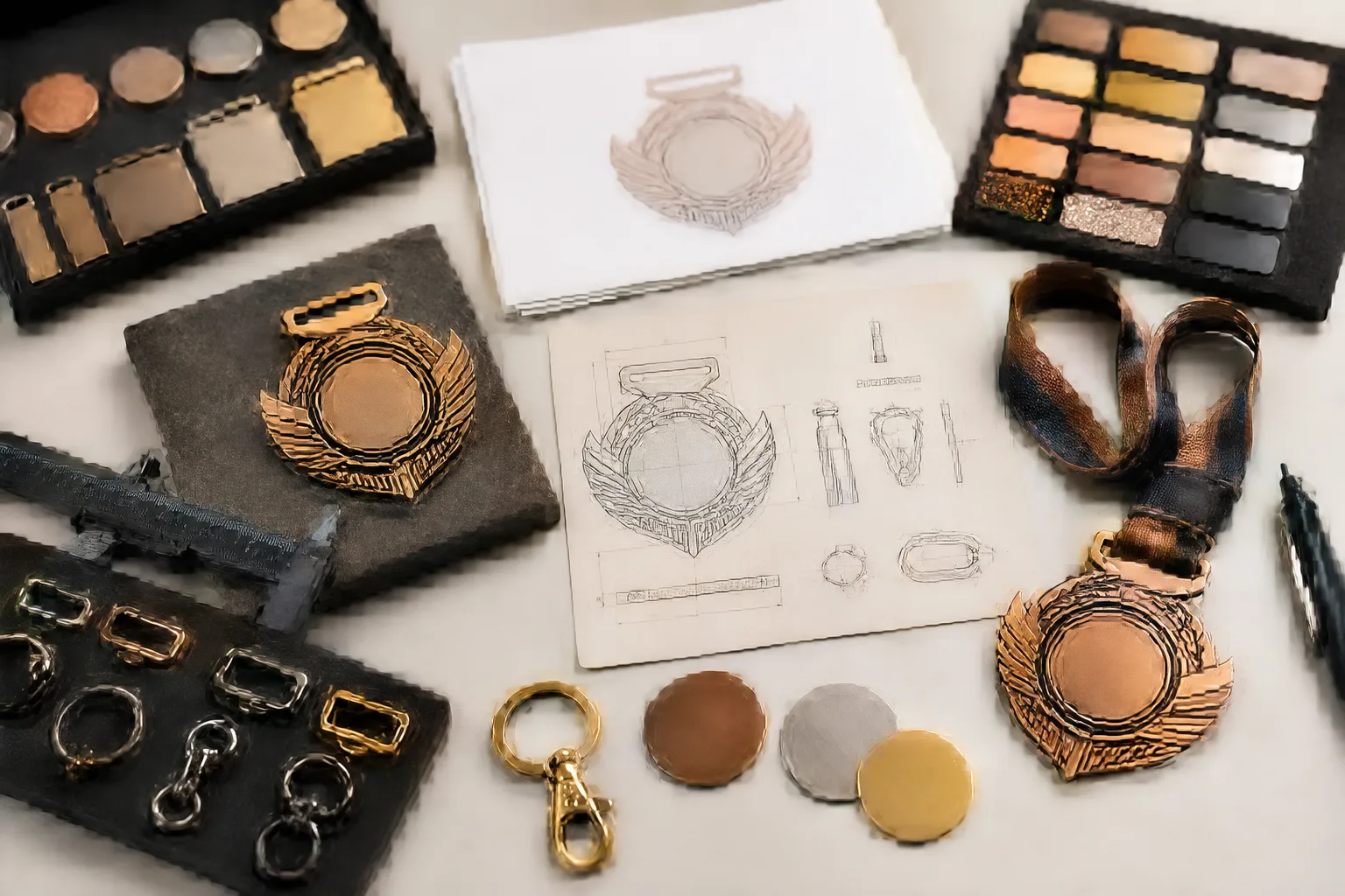 Metal prototype planning setup with artwork proof, finish swatches, and component options
