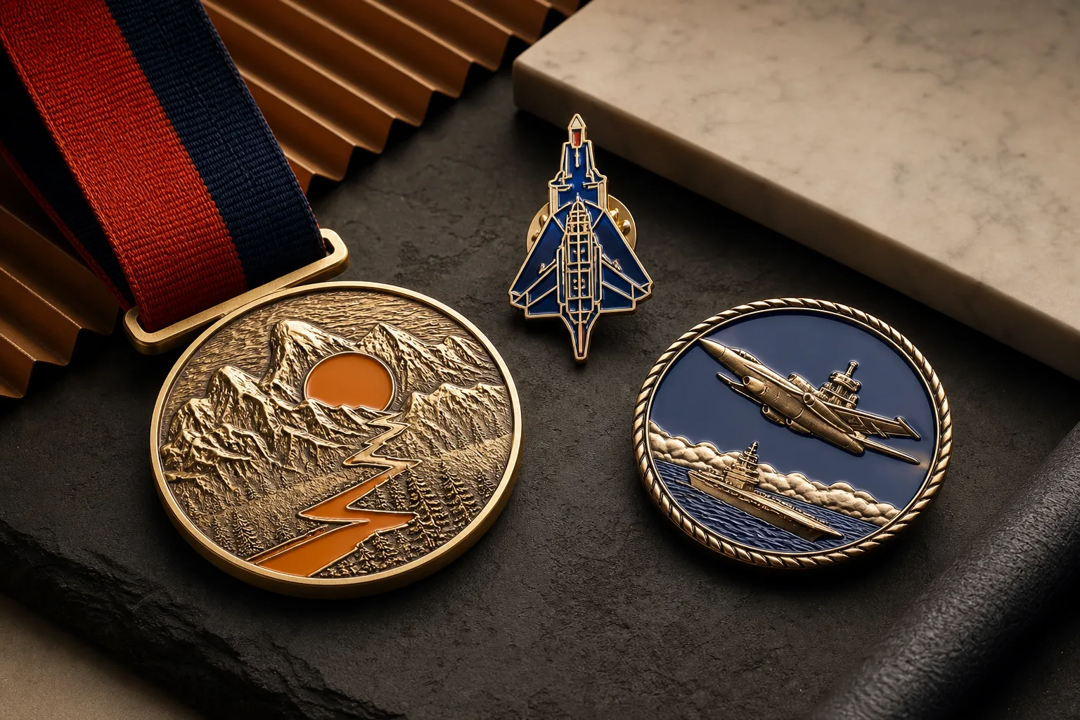 Close-up medal and pin samples showing plating, enamel, relief, and assembled attachments