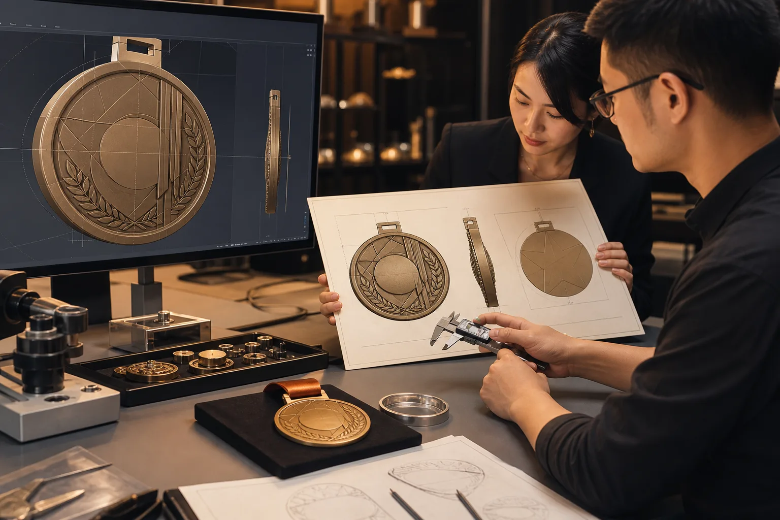 Design team reviews an artwork proof beside a finished metal sample
