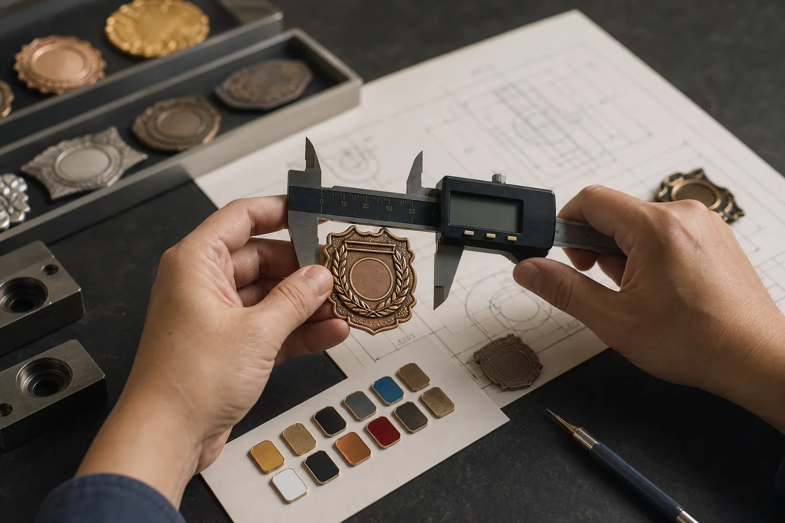 Engineer checks relief and edge details on a custom metal badge