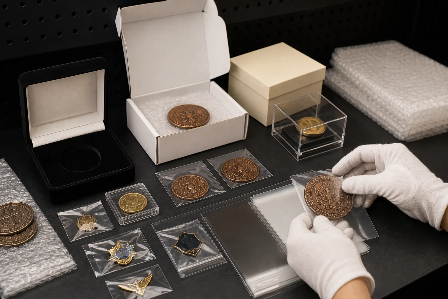 Custom metal awards arranged with protective and presentation packaging options
