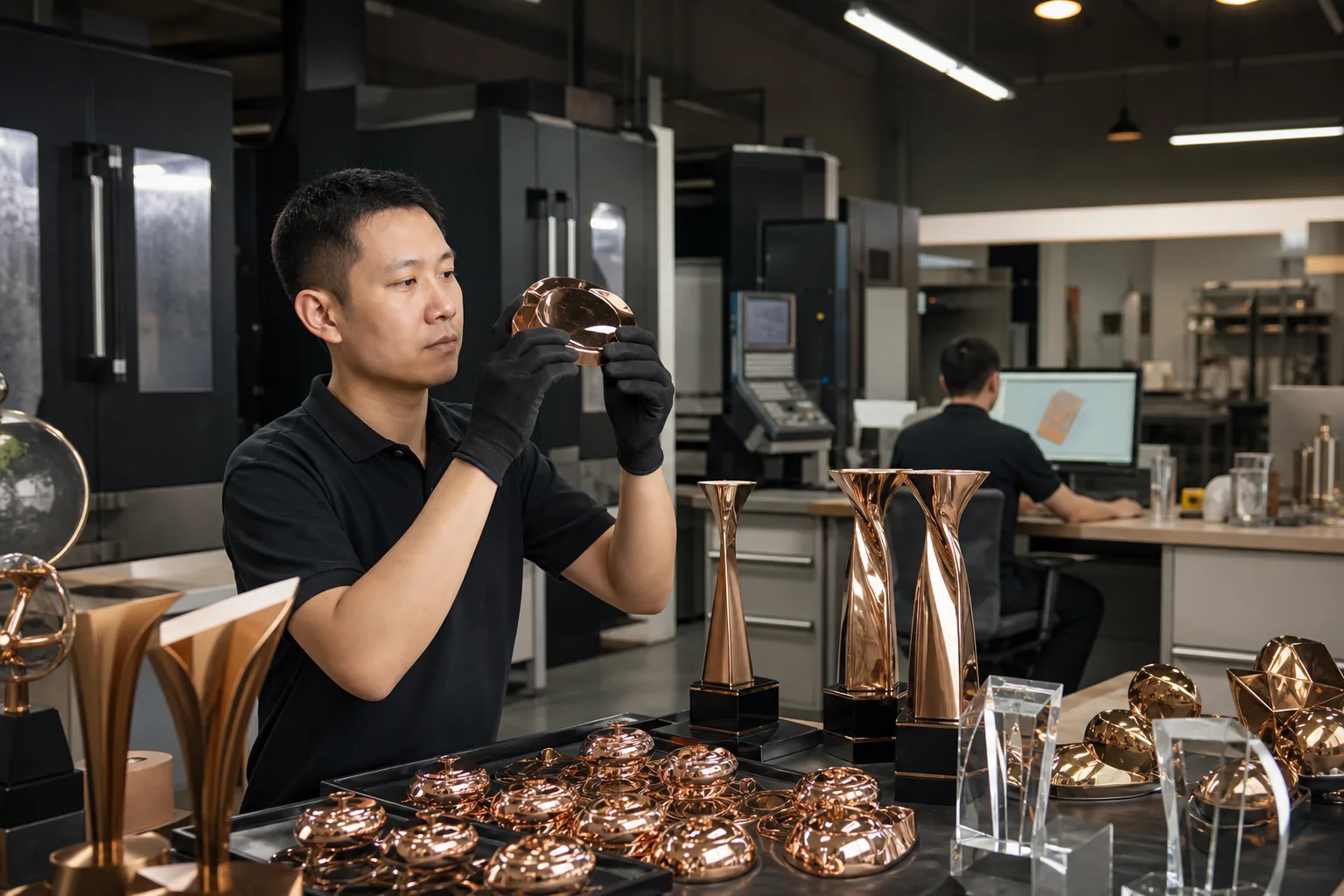 Technician inspecting finished custom metal products during planned bulk production