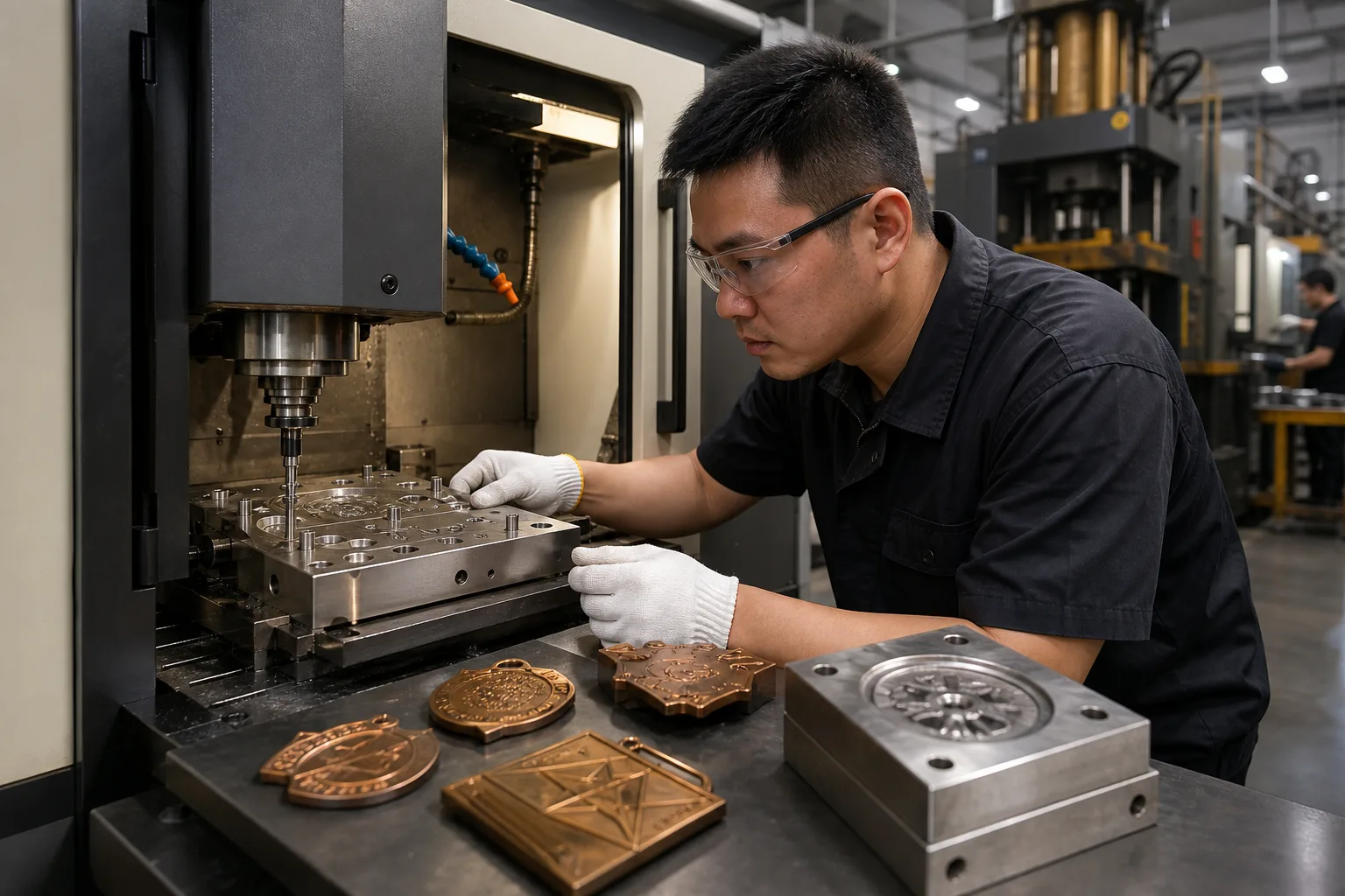 CNC operator preparing precision tooling for custom metal product forming