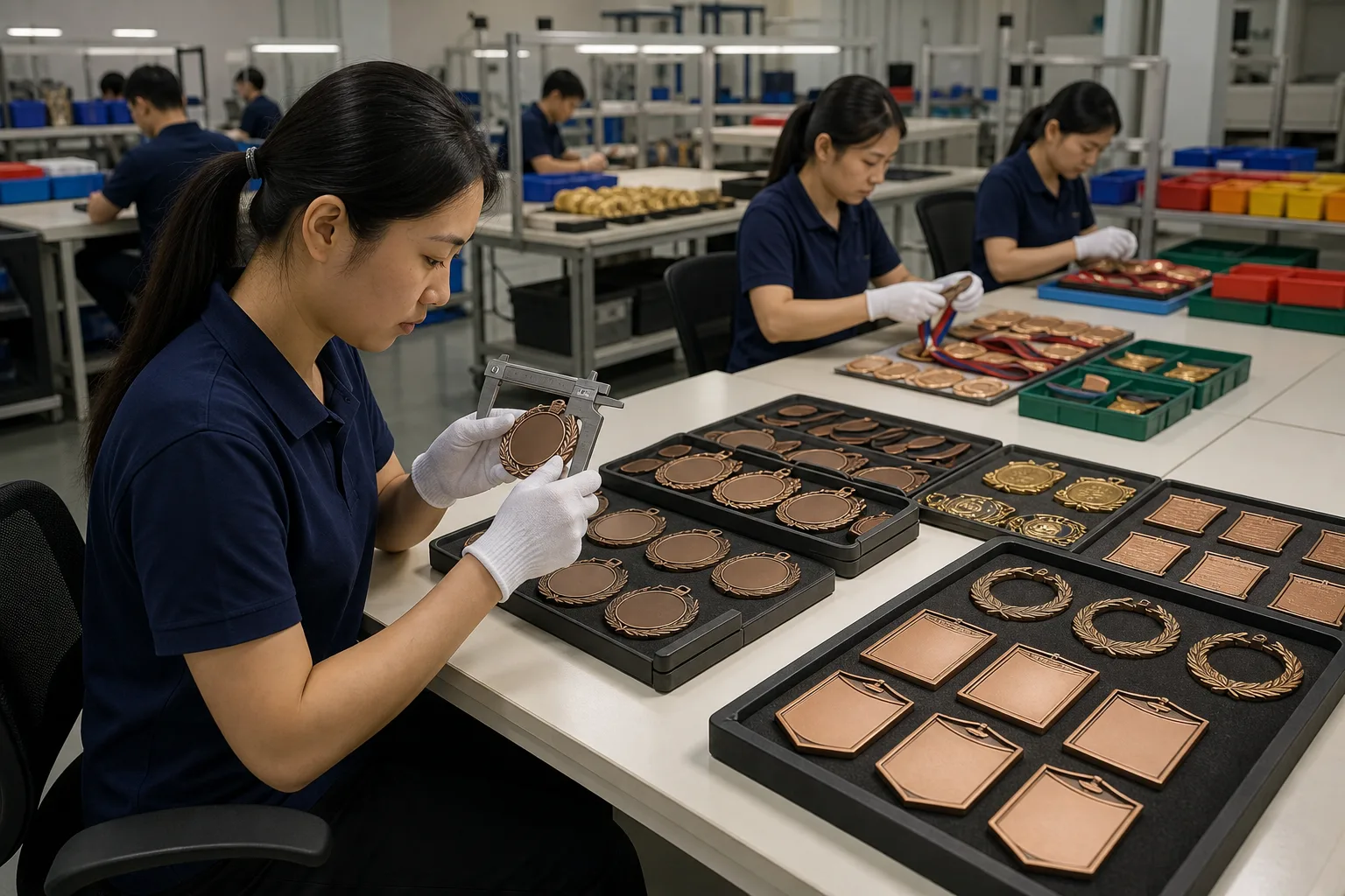 Inspector checking custom medals beside organized assembly and protective packaging stations