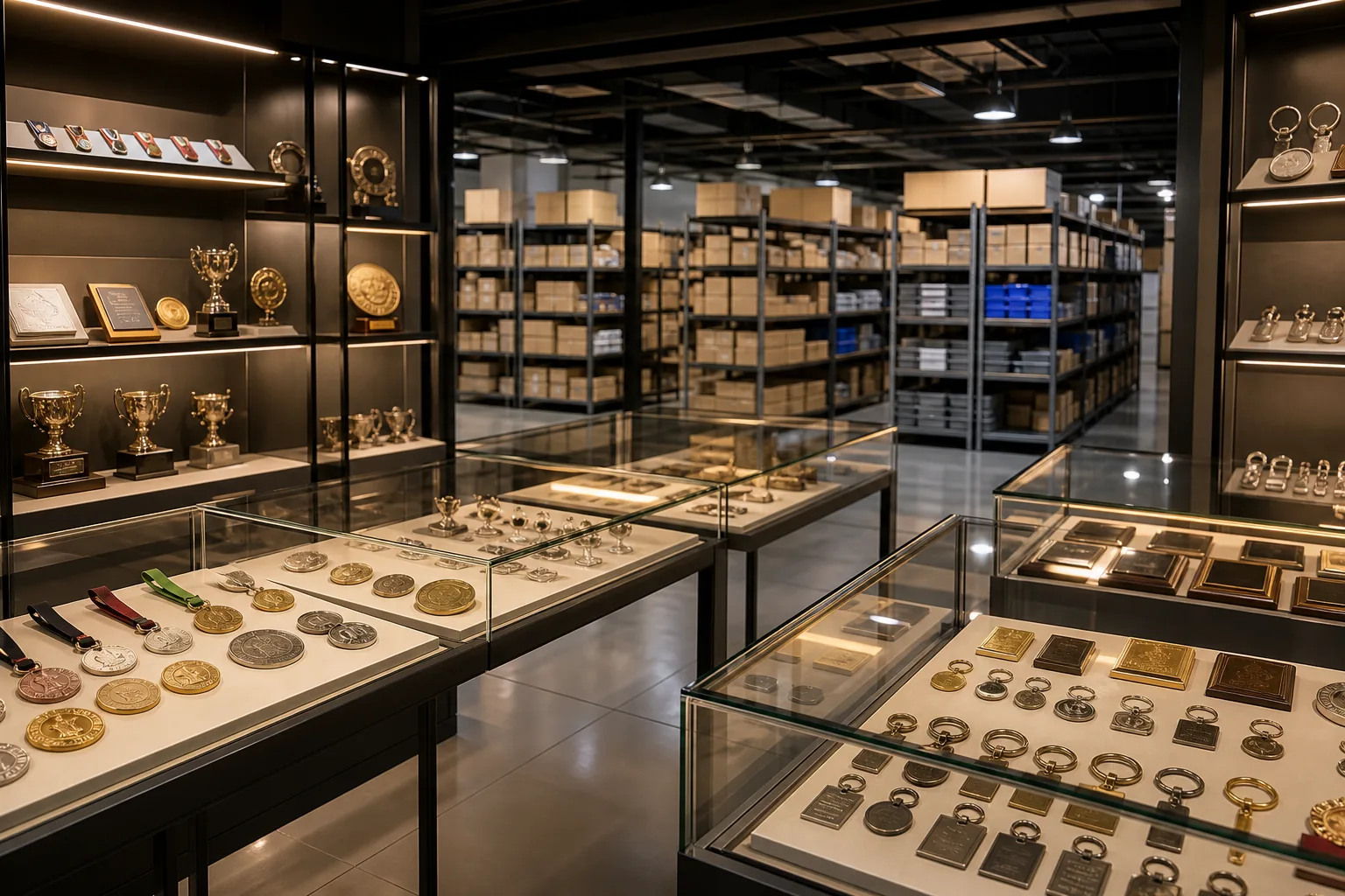 Factory showroom displaying metal product samples beside an organized warehouse area