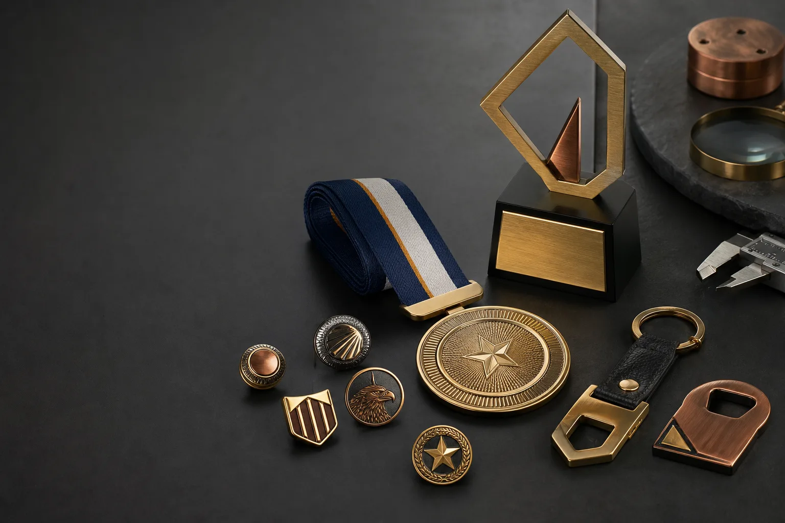 Premium custom metal products arranged by award, recognition and promotional format