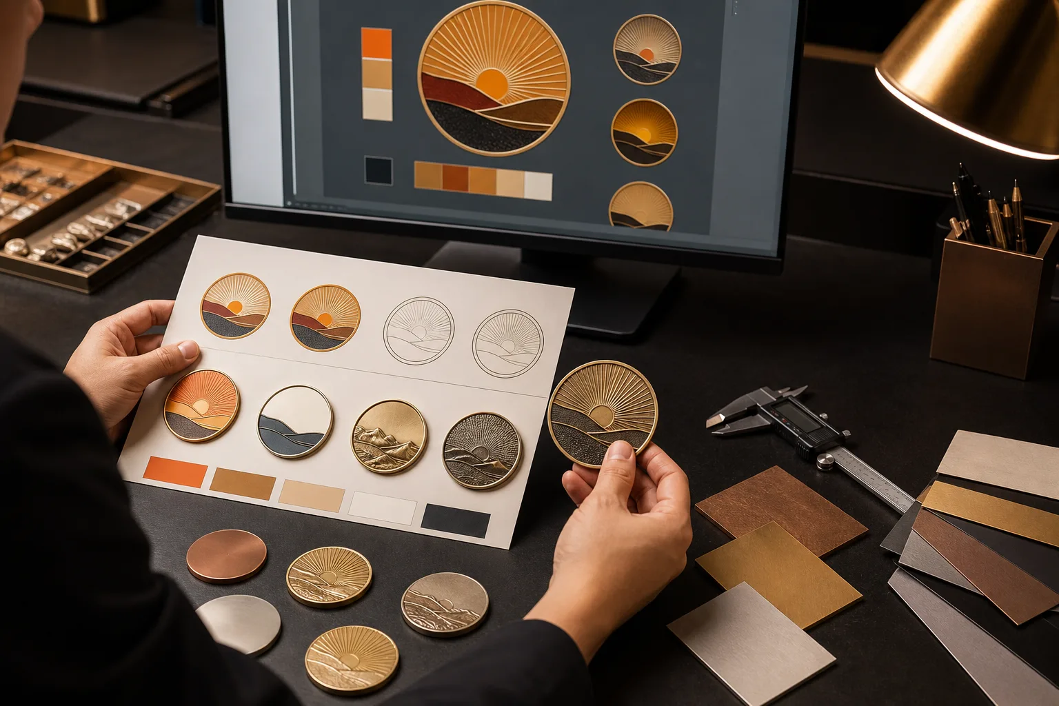 Designer reviewing enamel, relief and printed metal samples beside an artwork proof