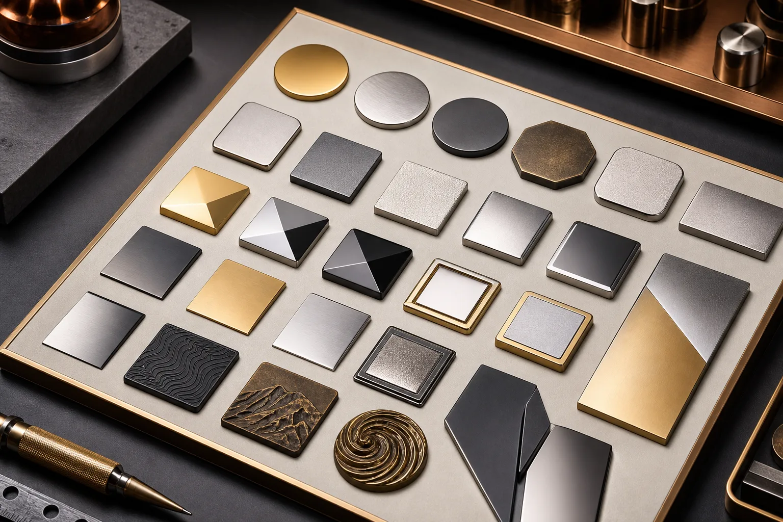 Metal samples compare plating colors, matte surfaces and dimensional relief structures