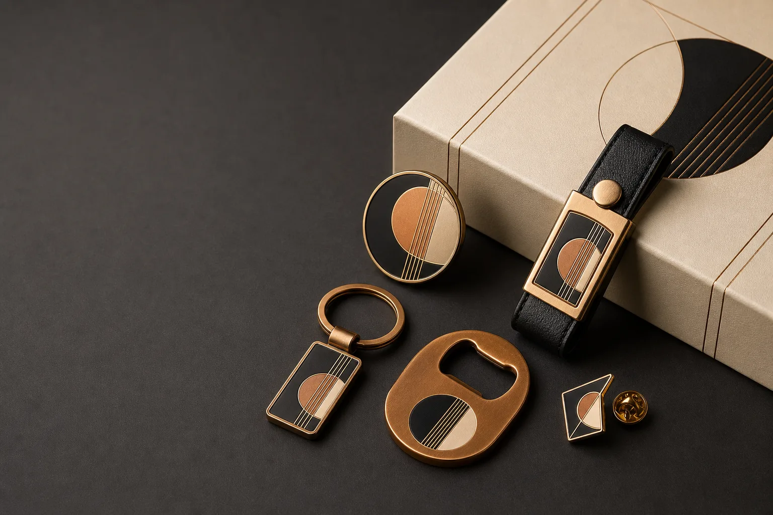 Custom metal products for brand promotions arranged as a premium campaign merchandise set
