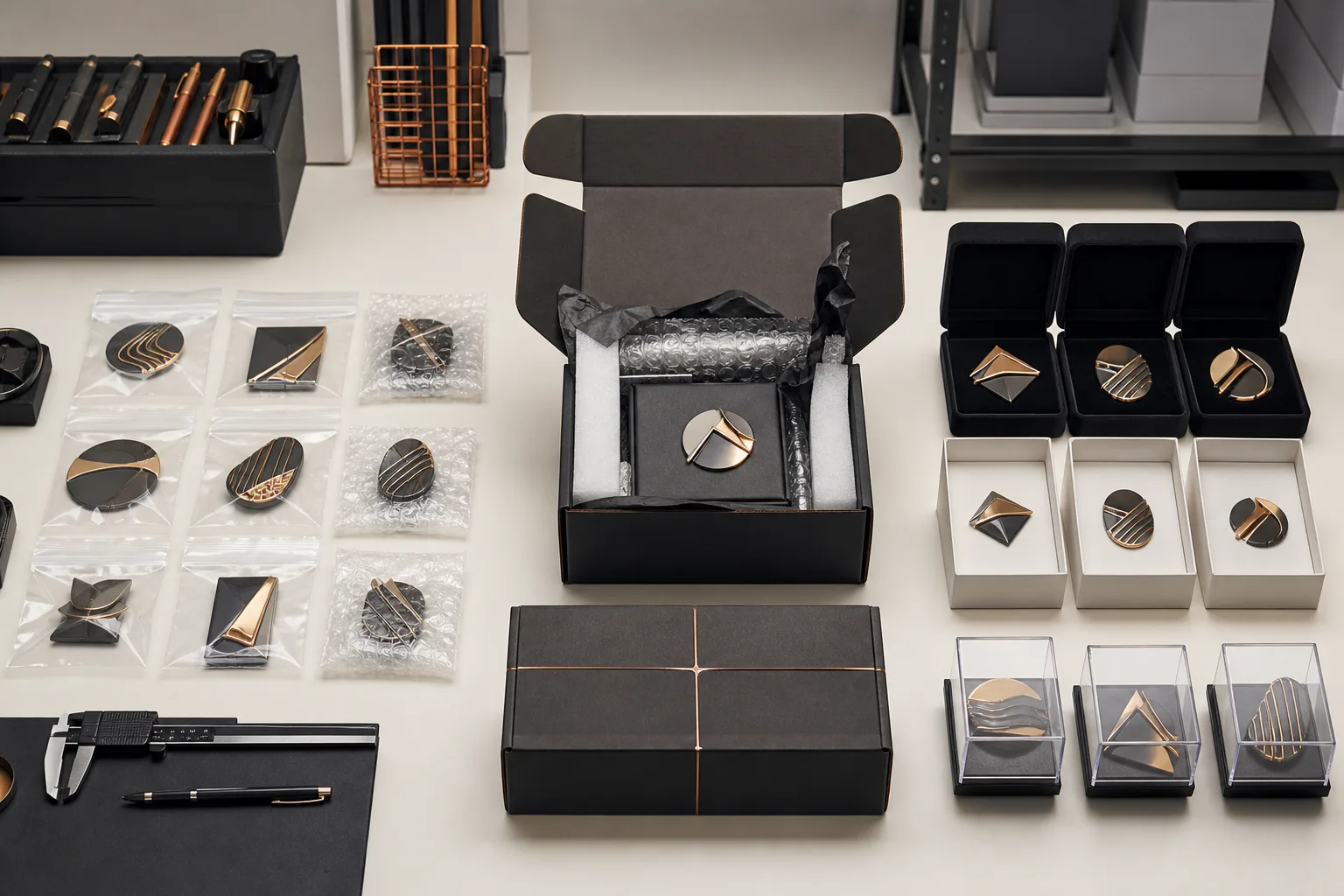 Protective bags and presentation boxes arranged for promotional metal merchandise distribution