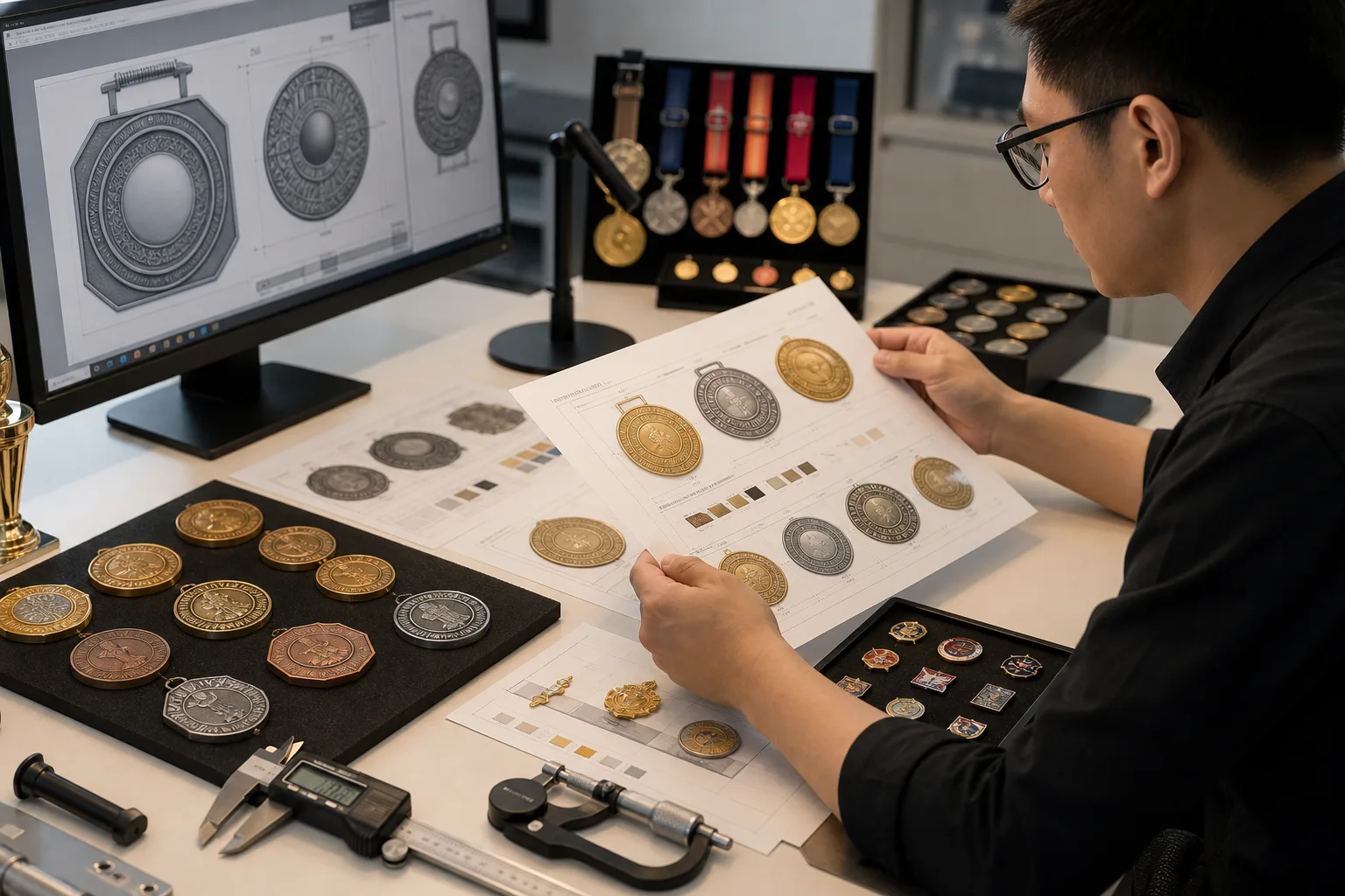 Engineer reviewing artwork proofs and specifications for several custom metal product SKUs