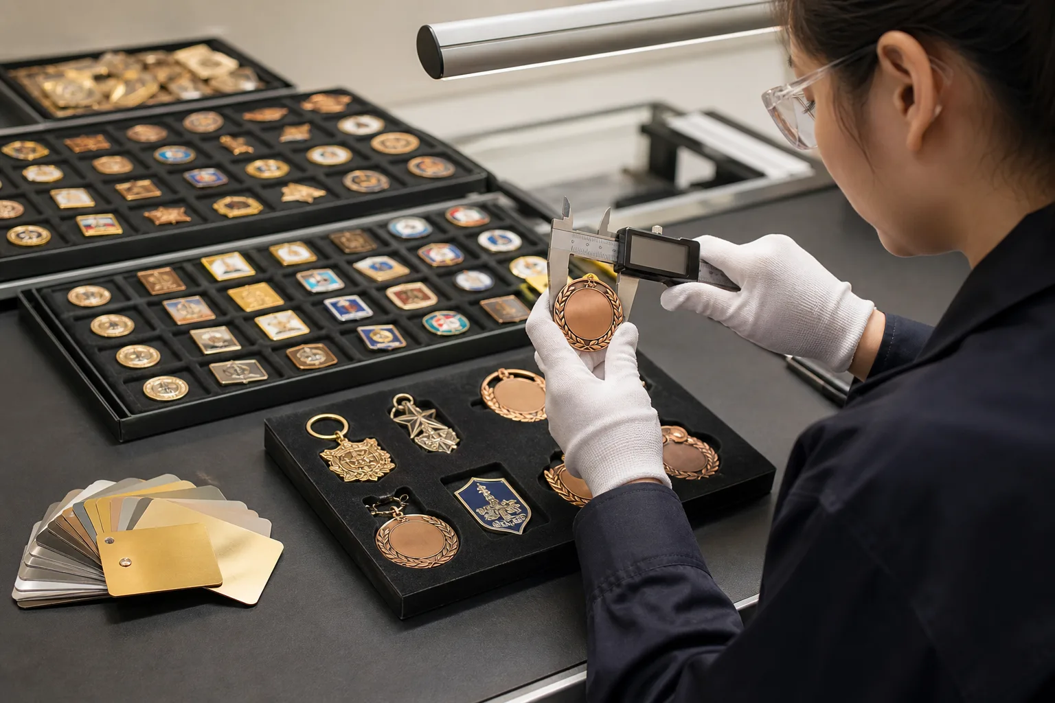 Factory technician inspecting metal product dimensions, finish and visible surface quality