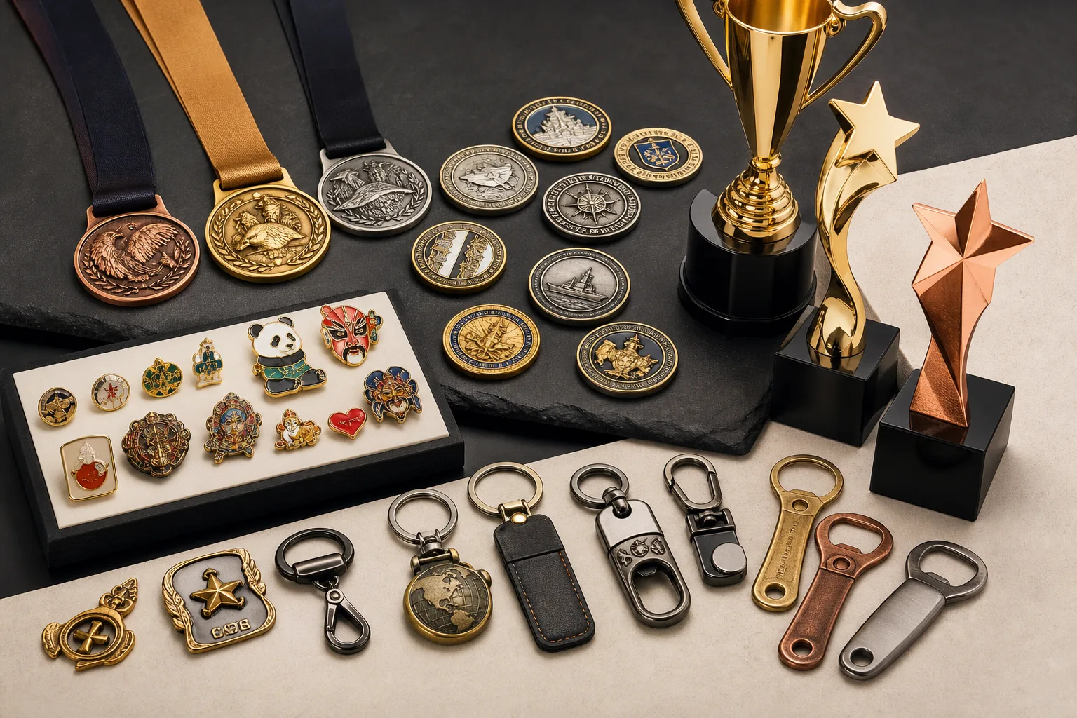 Medals, coins, pins, trophies and accessories grouped by metal product category