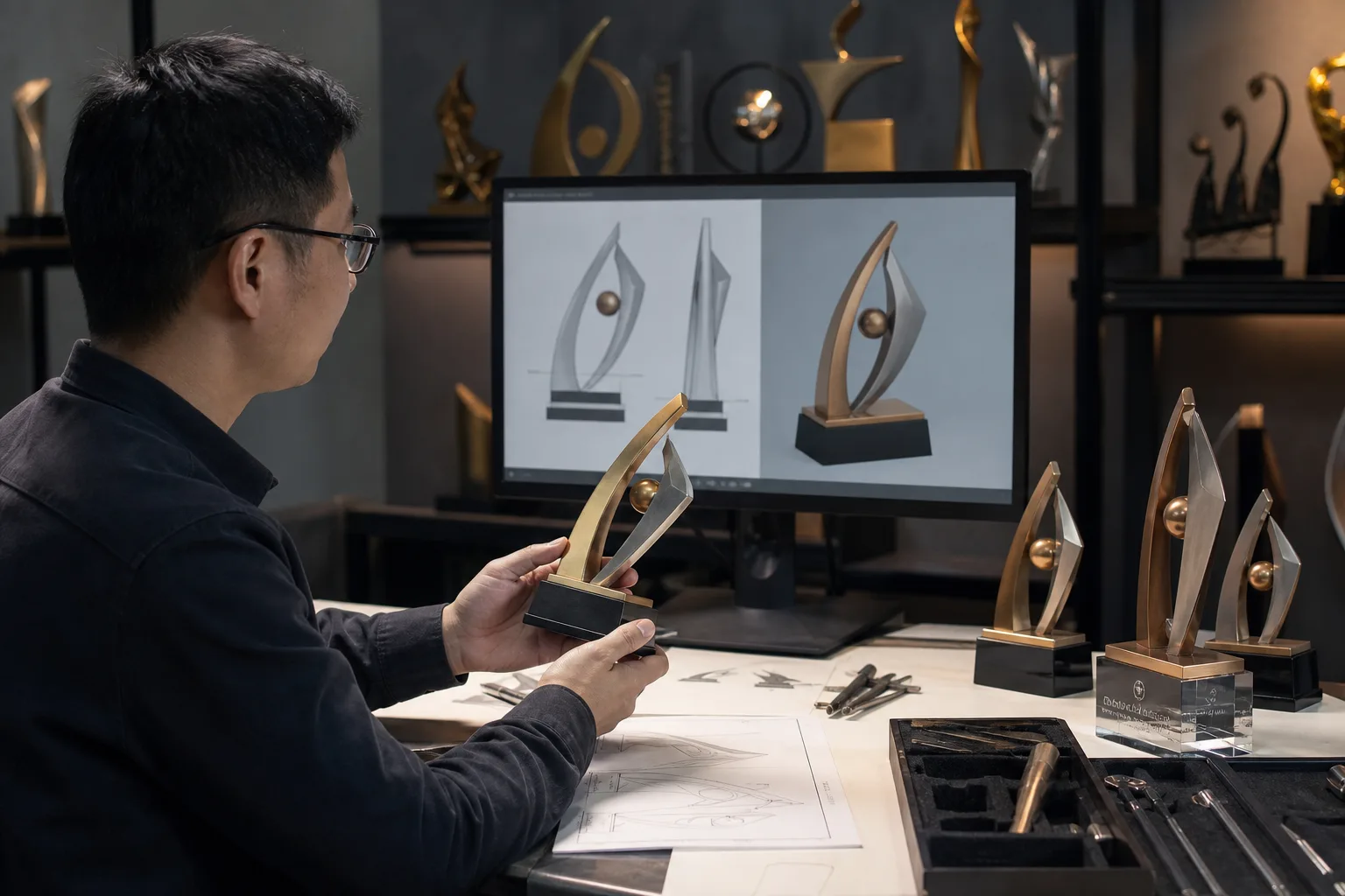 Engineer reviewing custom award artwork beside physical metal product samples