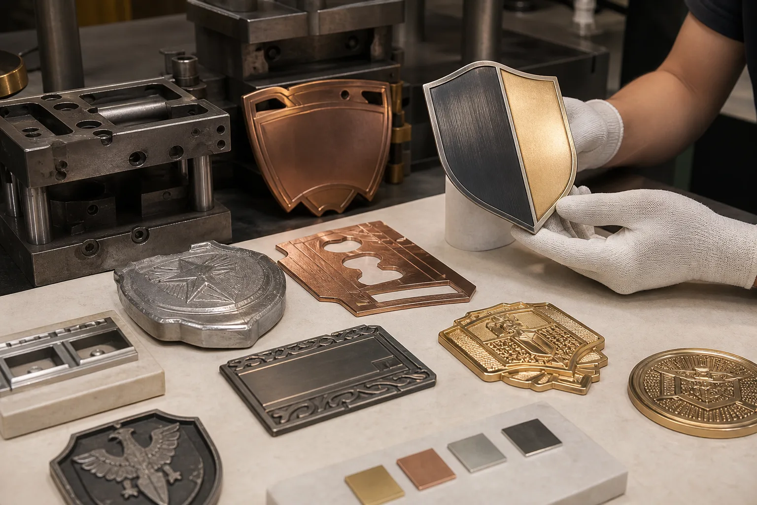 Custom metal award components showing forming routes, relief details and contrasting surface finishes