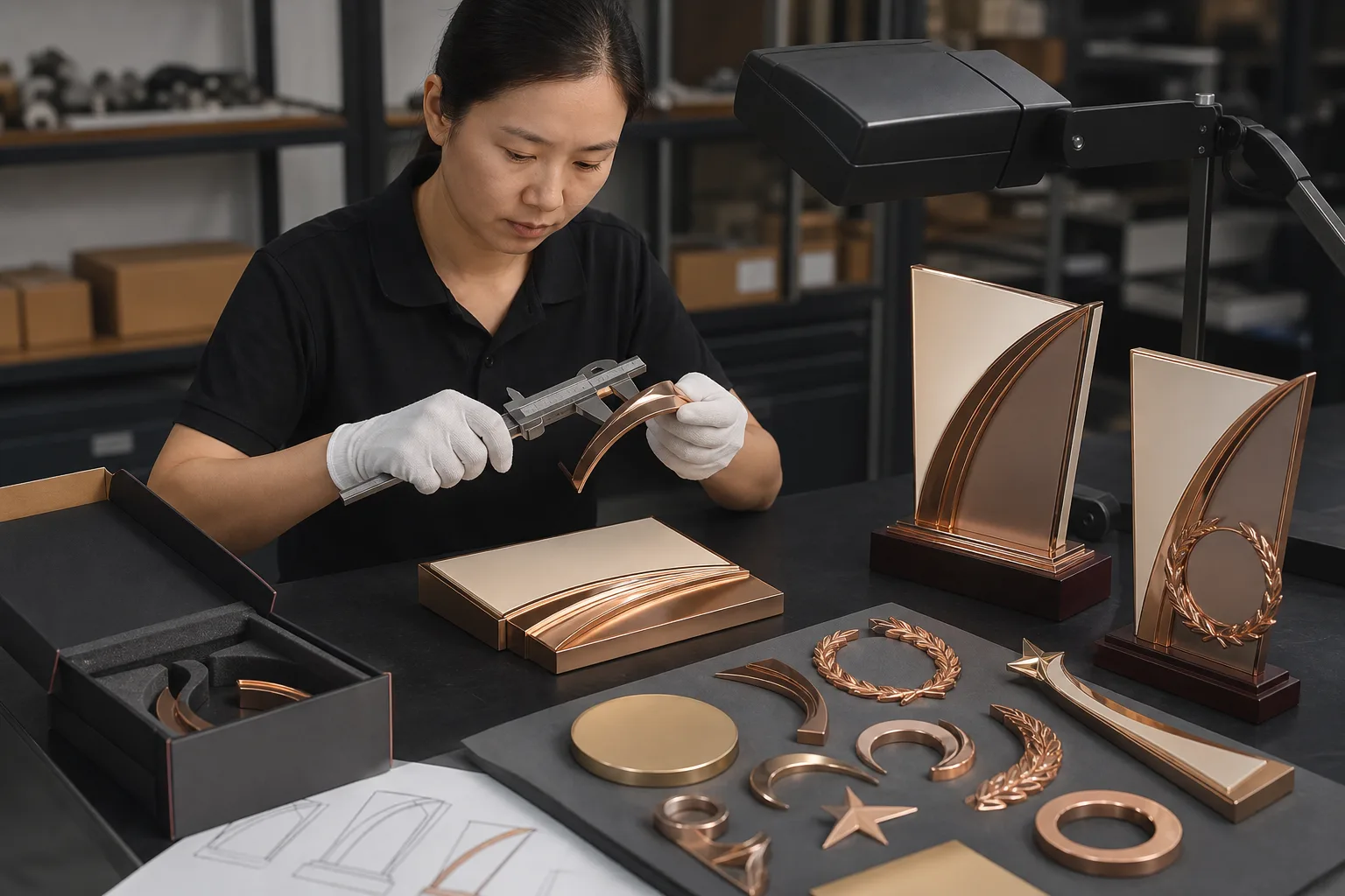 Technician inspecting custom metal award dimensions, surfaces, assembly and packaging readiness